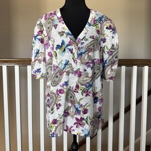 NWT Chicos Sz 3 XL Cotton Slub Paisley Floral Henley Shirred Sleeve Tee Cottage